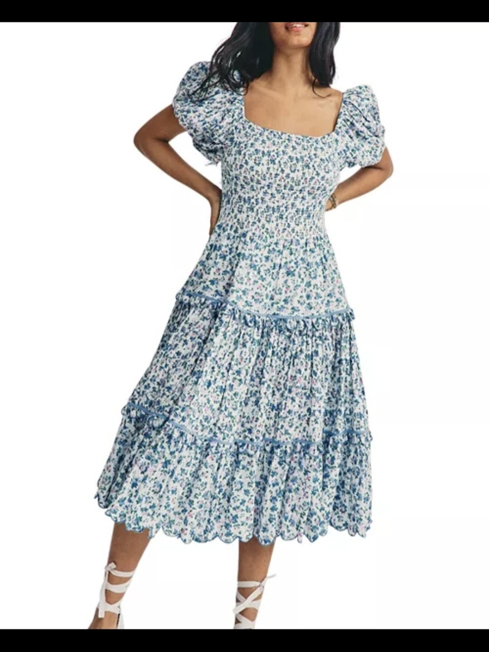 LoveShackFancy 'Masie' Floral Blue Puff-Sleeve Midi Dress